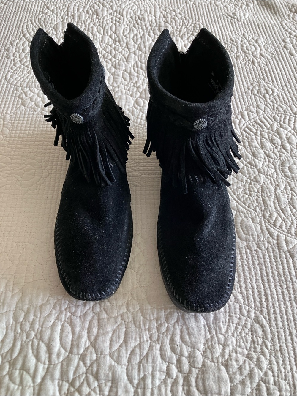 Minnetonka Black Suede Fringe Ankle Boots with back zipper